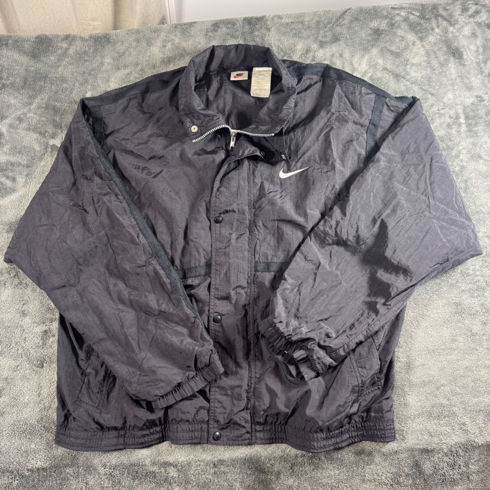 Vintage Nike Windbreaker Jacket Mens Large Black Crinkle Nylon Full Zip 90s L